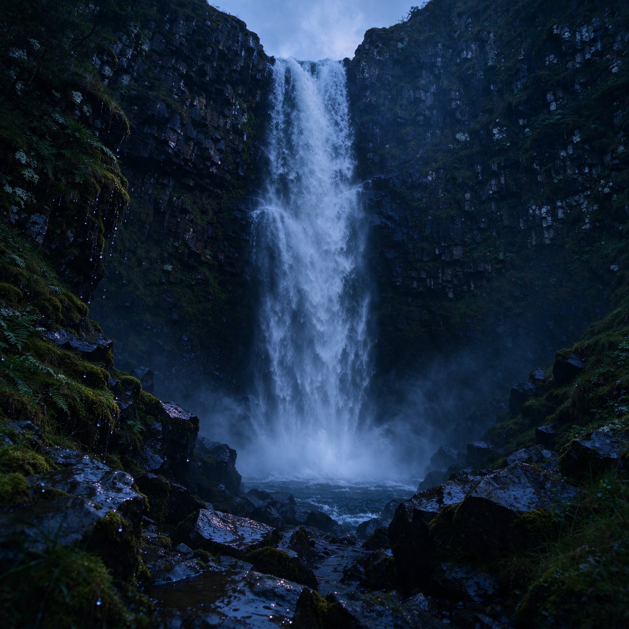 After a passing squall, a waterfall drops through a narrow basalt gorge at dusk, its white plume breaking against dark ledges; rain-beaded moss and sharp foreground stones lead toward cliffs fading behind drifting spray. — Seedream 5.0 Flash
