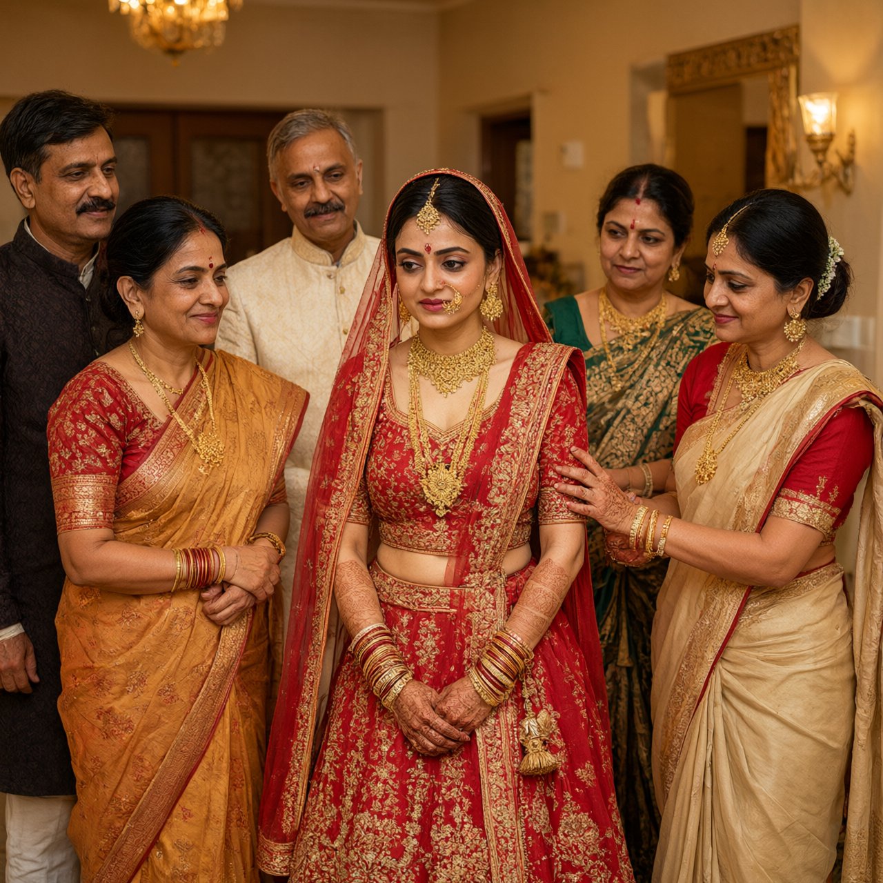 A realistic scene of an Indian wedding showing the emotions of the adult bride and her adult family members — Qwen Image 3.0 Pro