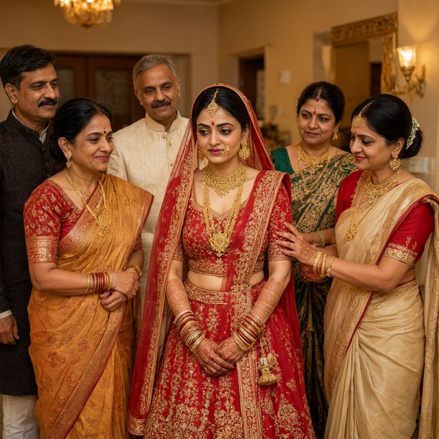 A realistic scene of an Indian wedding showing the emotions of the adult bride and her adult family members — Qwen Image 3.0 Pro