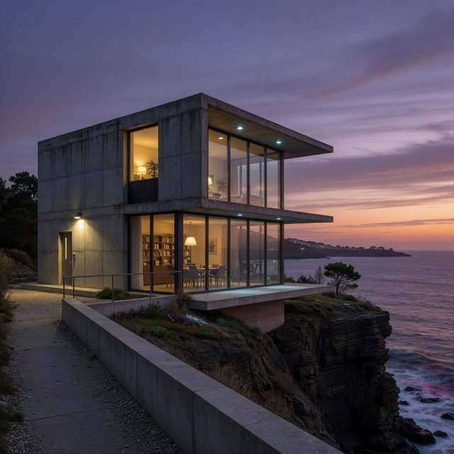 Exterior of a small concrete-and-glass house on a cliff above the sea, dusk, interior lights on, architectural photography. — Grok Imagine Image Quality