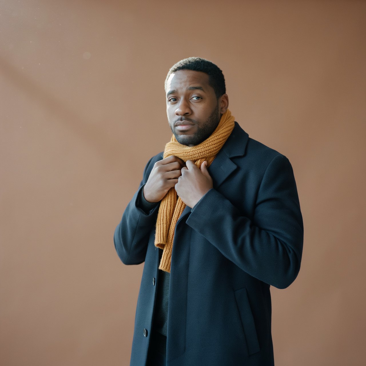Editorial portrait of an adult Black man in his 30s wearing a deep navy wool overcoat and mustard scarf, fingers adjusting the scarf, thoughtful expression, muted terracotta studio backdrop, crisp cool window light. — Ideogram v4