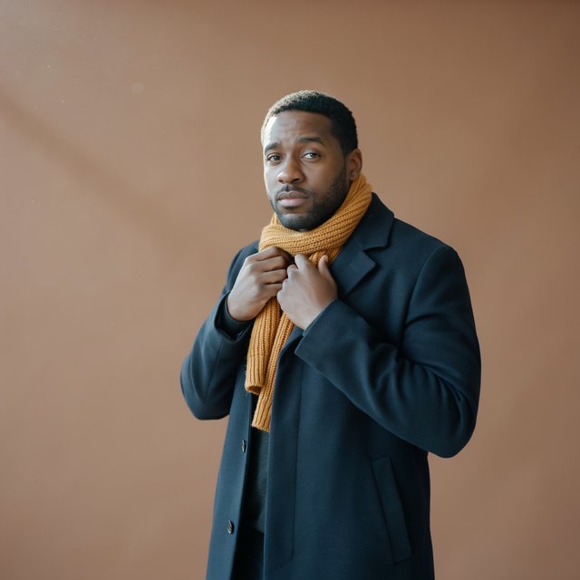 Editorial portrait of an adult Black man in his 30s wearing a deep navy wool overcoat and mustard scarf, fingers adjusting the scarf, thoughtful expression, muted terracotta studio backdrop, crisp cool window light. — Ideogram v4