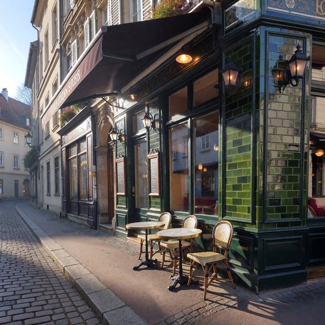 A tiny corner café in a narrow European street, green tiled facade, two bistro tables, morning light, no people. — ImagineArt 1.5 Pro