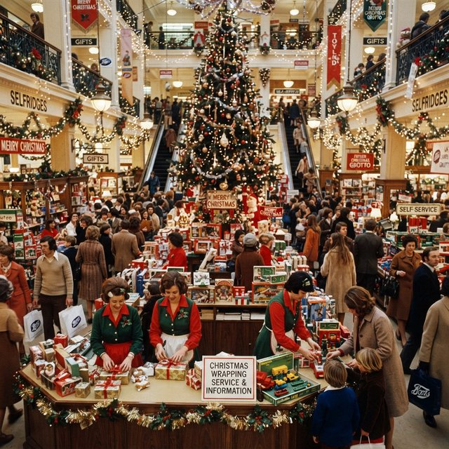 A UK department store in the 1970s at Christmas time. The lighting and decor will be very festive, with staff members dressed in festive outfits. — Nano Banana 2 Lite