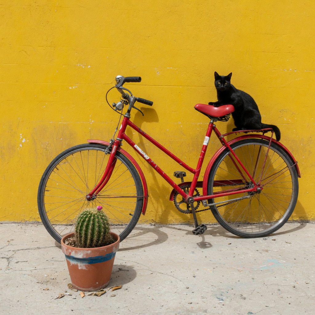 A red bicycle leaning against a yellow wall, a black cat sitting on the bicycle's saddle, a small potted cactus to the left of the bicycle. — Grok Imagine Image Quality