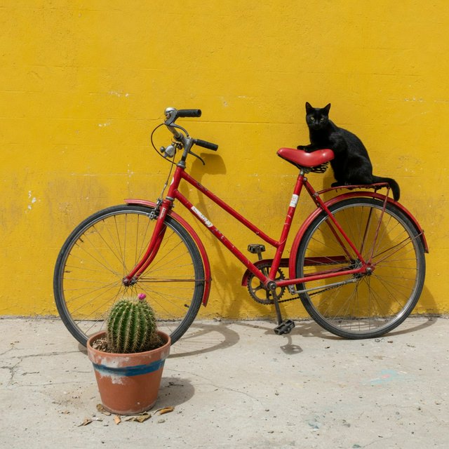 A red bicycle leaning against a yellow wall, a black cat sitting on the bicycle's saddle, a small potted cactus to the left of the bicycle. — Grok Imagine Image Quality