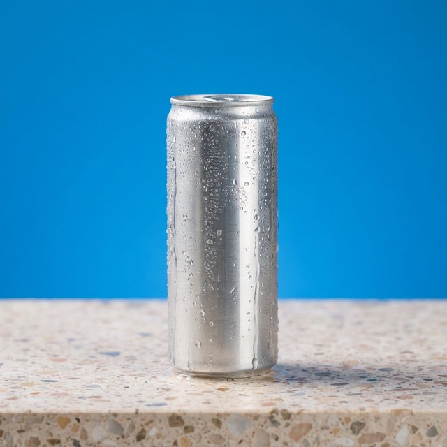 A slim, unbranded sparkling-water can of brushed aluminum, beaded with condensation, stands on a pale terrazzo surface against a seamless electric-blue background; broad overhead diffusion and a crisp side strip create clean highlights, with no lettering or graphics. — Nano Banana 2 Lite