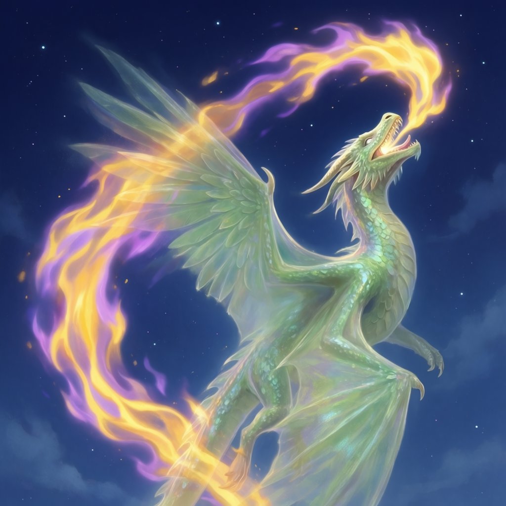 A beautiful, ethereal dragon flying through the skies breathing star flames. Detailed scales. — Krea 2 Large