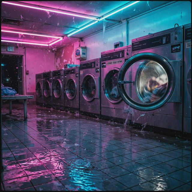 Neon washes a nearly empty overnight laundromat, reflections trembling across tiled floor and spinning steel drums. A handheld street snapshot under magenta and cyan tubes, shot at 35mm with moderate depth of field, catches lint drifting in the air. — Muse Image 1.0