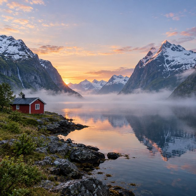 A Norwegian fjord at dawn, mist over still water, a single red cabin on the shore, snow on the peaks, wide angle. — GPT Image 2.5 Flare