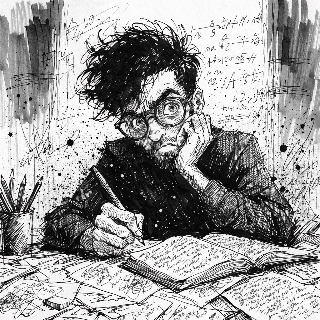 Energetic ink splattering + bold caricature contours + precise tonal modeling, where energetic ink splattering creates chaotic surface energy through varied line weight and ink blots, bold caricature contours produce simplified forms via thick and thin ink outlines, and precise tonal modeling infuses fine parallel line hatching. The fusion manifests as layered hatching within loose expressive marks, transforming any subject through rapid ink application over fine parallel lines. A man with glasses, messy black hair, a short beard and a dark shirt. Medium close-up at eye level, the man seated at a desk leaning forward with wide eyes and a concerned expression, holding a pencil in his right hand while resting his left hand against his cheek, an open book and papers on the desk in front of him. Scene set at a cluttered desk in a workspace, with scattered papers, an open book and mathematical equations drawn on the wall behind. — Recraft v4