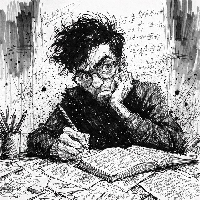Energetic ink splattering + bold caricature contours + precise tonal modeling, where energetic ink splattering creates chaotic surface energy through varied line weight and ink blots, bold caricature contours produce simplified forms via thick and thin ink outlines, and precise tonal modeling infuses fine parallel line hatching. The fusion manifests as layered hatching within loose expressive marks, transforming any subject through rapid ink application over fine parallel lines. A man with glasses, messy black hair, a short beard and a dark shirt. Medium close-up at eye level, the man seated at a desk leaning forward with wide eyes and a concerned expression, holding a pencil in his right hand while resting his left hand against his cheek, an open book and papers on the desk in front of him. Scene set at a cluttered desk in a workspace, with scattered papers, an open book and mathematical equations drawn on the wall behind. — Recraft v4