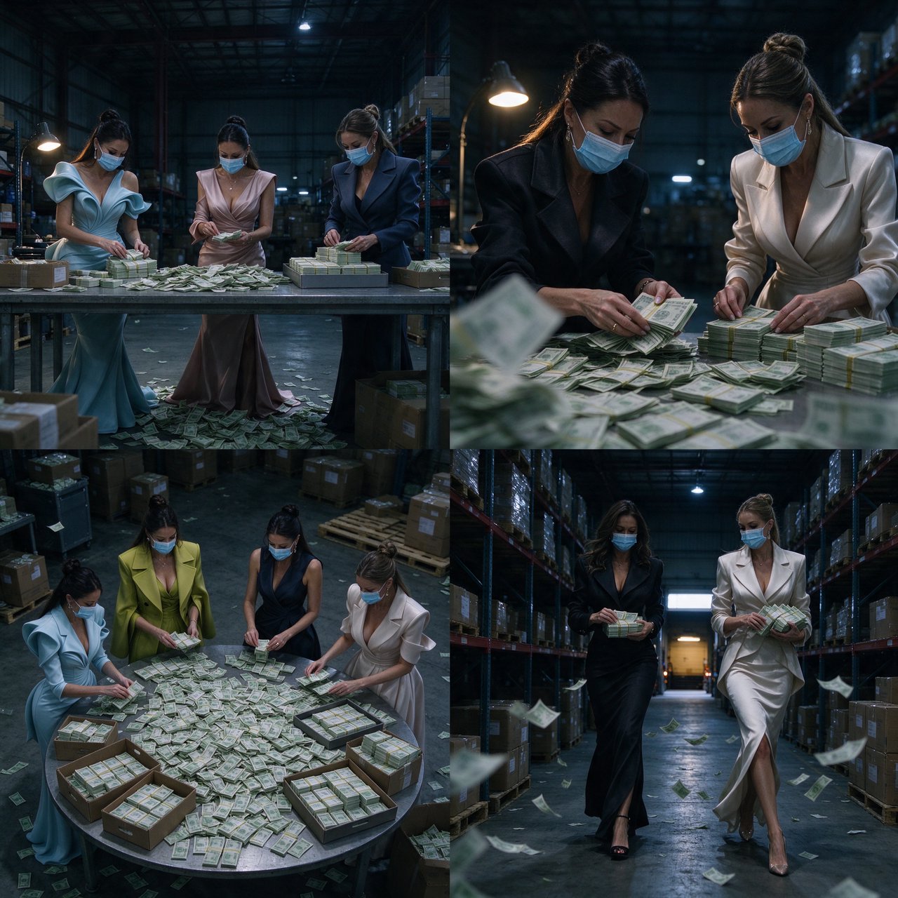 Adult women wearing masks (the kind you wear when you have a cold), in a warehouse, all wearing the kinds of outfits you would see models wear on a runway, counting lots of money (money is seen everywhere, on tables, on the floor, etc.). At least 4 different POVs. — Seedream 5.0 Flash