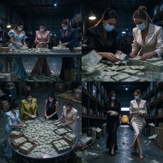 Adult women wearing masks (the kind you wear when you have a cold), in a warehouse, all wearing the kinds of outfits you would see models wear on a runway, counting lots of money (money is seen everywhere, on tables, on the floor, etc.). At least 4 different POVs. — Seedream 5.0 Flash