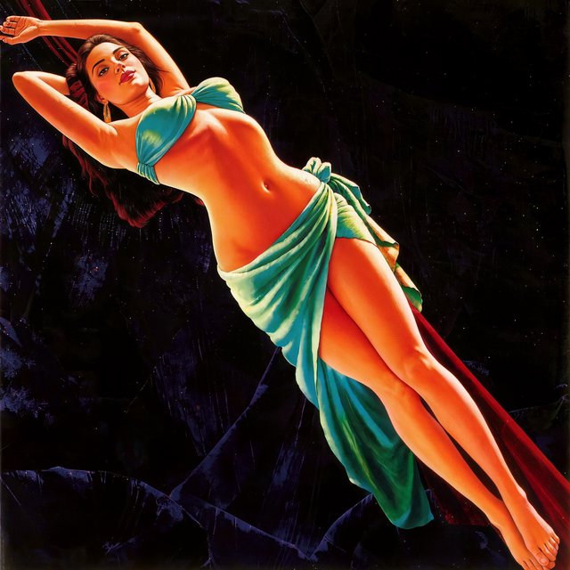 Black velvet painting: A luminous adult odalisque lounging languidly while wearing a muslin hip wrap, seemingly floating through liquid light. The background is an almost pure, light-absorbing black velvet, allowing the darkest areas to disappear completely. The figure emerges dramatically from the darkness in highly saturated tropical colors—warm skin tones, coral, turquoise, emerald, gold, and deep red. Glowing highlights define her form, with simplified shapes and soft, airbrushed-looking transitions. Rich tropical color, dramatic chiaroscuro, softly disappearing edges, and a polished romantic mid-century Polynesian atmosphere. Hard outlines are avoided. — Kling v3