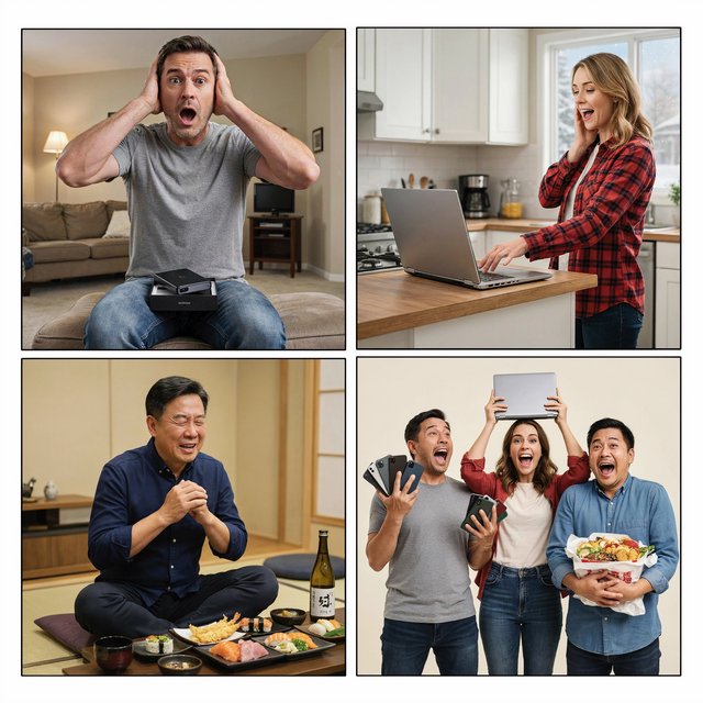 Realistic. Adults in the U.S., Canada, and Asia getting a ton of expensive free stuff (phones, PCs, nice food, and all kinds of other things). 4–6 panels. The adults react in the way one would expect as a result. — Ideogram v4.5