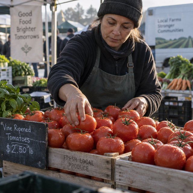 Candid documentary photograph of an adult market vendor arranging ripe tomatoes at an outdoor produce stall, cool early-morning side light, 50mm lens with shallow depth of field, condensation droplets beading on the tomato skins. — GPT Image 2.5 Sunburst