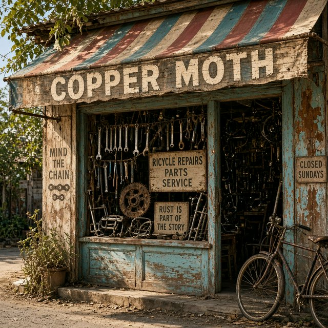 An old roadside bicycle workshop beneath a faded striped awning, rusted tools displayed in the window, with "COPPER MOTH" painted in cream block letters across the weathered wooden fascia, afternoon sunlight catching peeling turquoise paint. — Grok Imagine Image 2