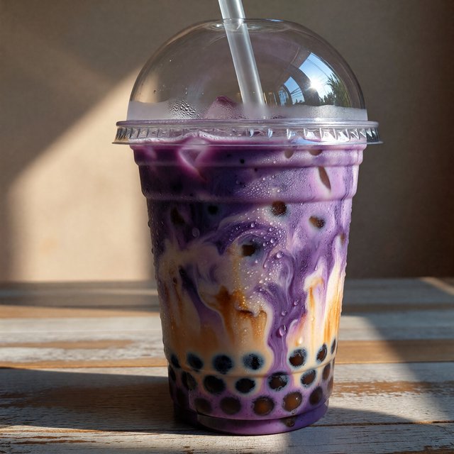 Photorealistic product shot of iced taro bubble tea in a clear frosted plastic cup, condensation beading down curved sides, wide clear straw piercing matte white domed lid. Plump dark brown tapioca pearls settled at the base, swirled creamy purple tea with soft marbled cream streaks, fine ice crystals glinting inside. Resting on weathered light oak table, soft golden hour side lighting casting gentle long shadows, warm neutral beige background. Shallow depth of field, sharp focus on glass texture and pearl details, professional food photography aesthetic, soft moody warm colour palette with rich lavender and caramel tones. — ImagineArt 1.5 Pro