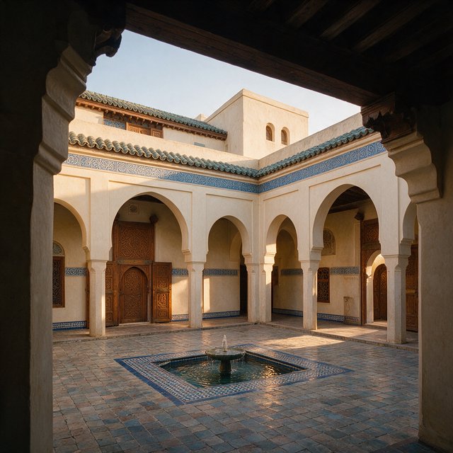 From a shaded courtyard entrance, Moorish Revival residences enclose a tiled fountain court, with cream stucco, carved cedar doors, and blue ceramic bands; late sunlight filters through arcades, revealing aligned walls and credible supports. — Seedream 5.0 Pro
