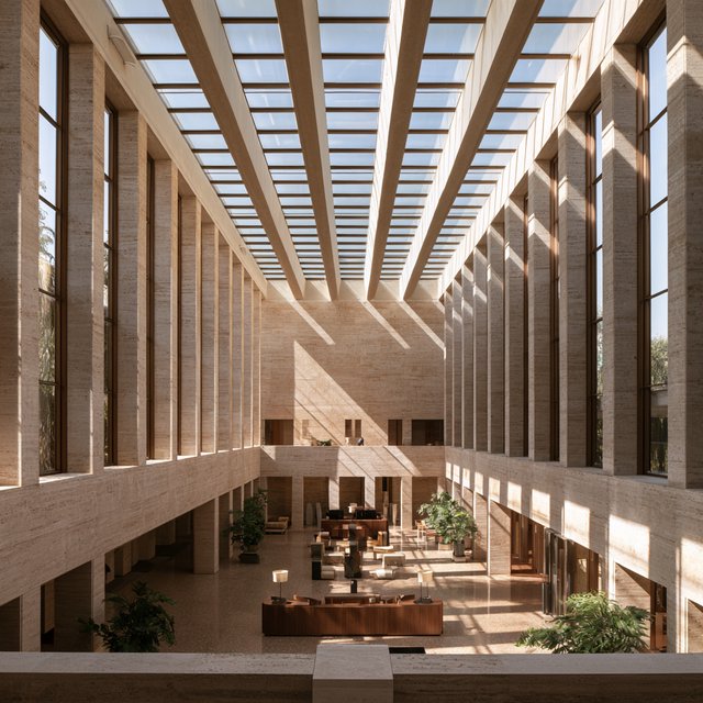 A soaring civic atrium in contemporary Italian Rationalist style pairs pale travertine, bronze mullions, and terrazzo beneath a glazed roof; cool morning light falls from above, viewed from a mezzanine, with aligned bays and credible supports. — Midjourney V8.2