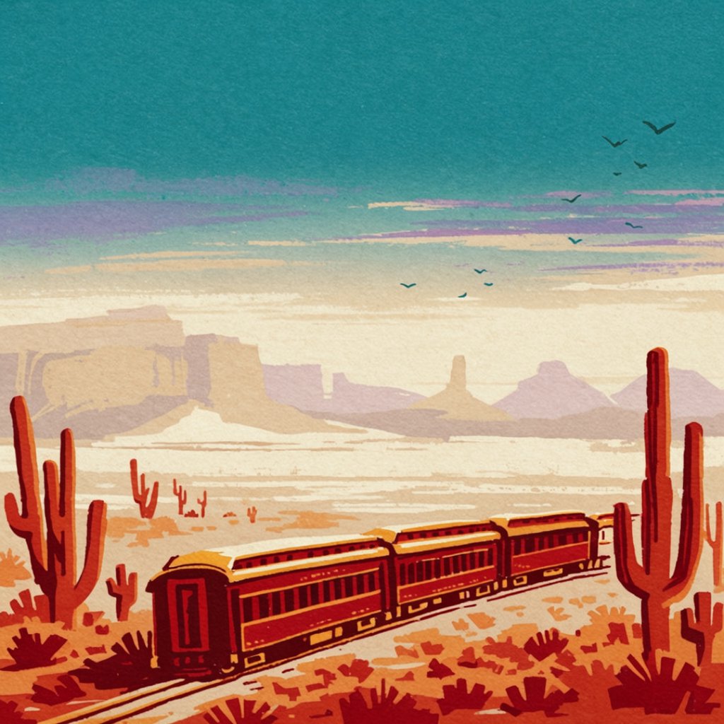 At dawn, a scarlet desert train curves past saguaro silhouettes toward a mesa; screen-printed gouache illustration in mid-century travel-poster style, palette of rust, turquoise, sand, and cream, no lettering. — Krea 2 Large