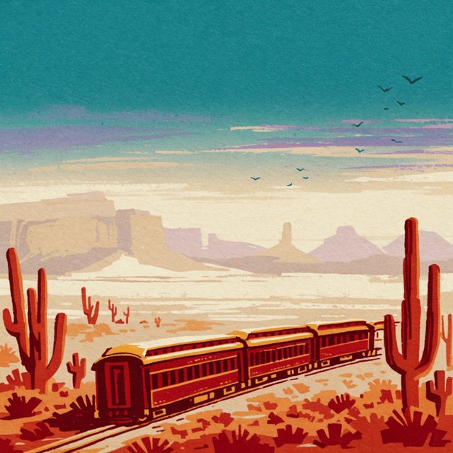 At dawn, a scarlet desert train curves past saguaro silhouettes toward a mesa; screen-printed gouache illustration in mid-century travel-poster style, palette of rust, turquoise, sand, and cream, no lettering. — Krea 2 Large