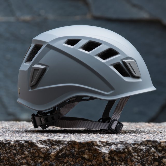 Against a muted slate backdrop, an unbranded climbing helmet with a matte recycled-polymer shell and woven nylon straps rests on rough granite; broad diffused key light and a cool rim light shape this commercial product image, with no lettering. — Kling v3 Omni