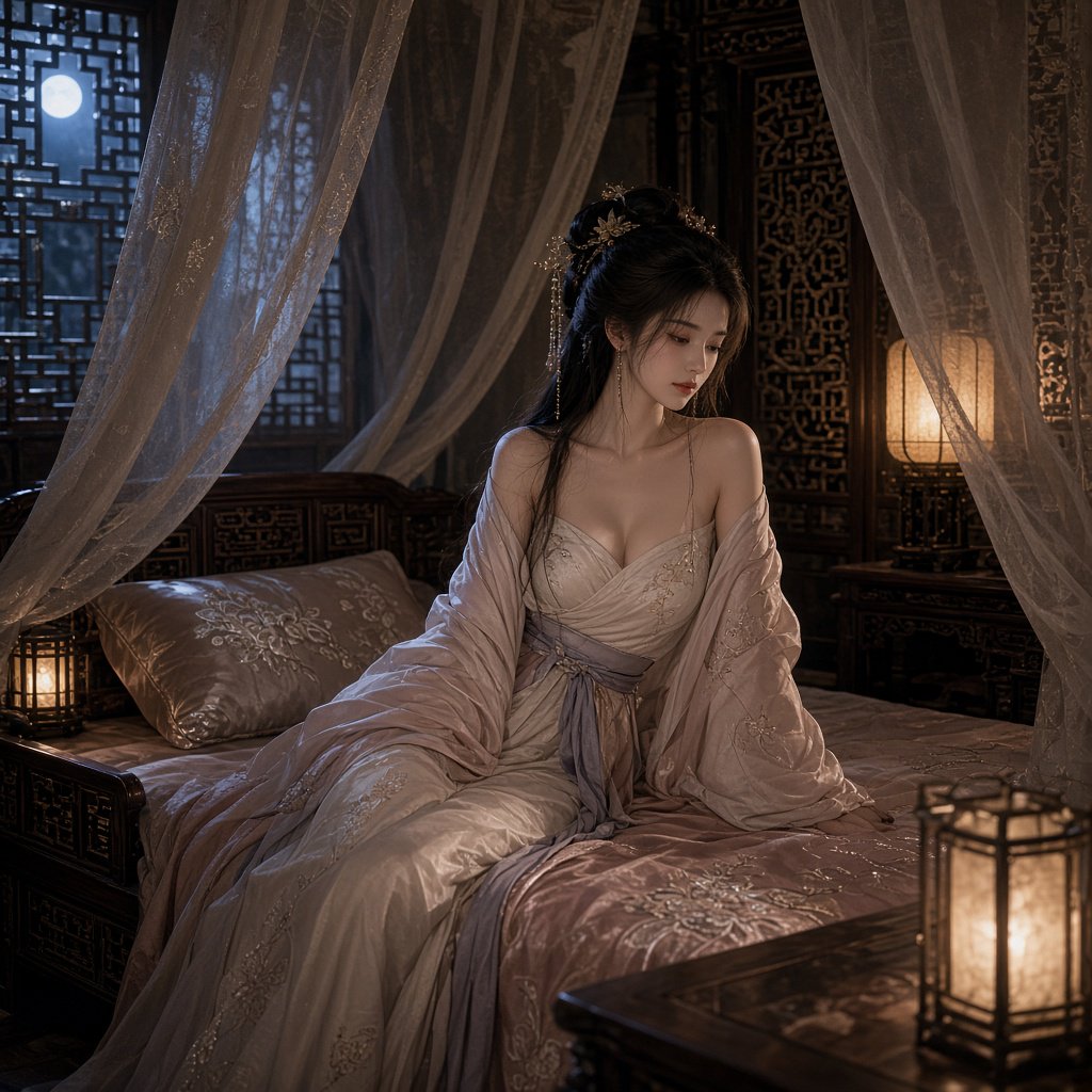 A beautiful adult Chinese woman in her 20s wearing an elegant, subtly sensual Song Dynasty–inspired hanfu with a loose off-shoulder neckline, gracefully exposing her shoulders and collarbones. She sits on an ornate wooden bed inside a refined ancient Chinese bedroom at night, surrounded by gauze curtains, carved screens and softly glowing lanterns. Moonlight filters through the lattice window, creating a romantic, intimate atmosphere. Luxurious silk fabrics, delicate hair ornaments, natural feminine pose, cinematic lighting, historically inspired details, tasteful and sophisticated. — Grok Imagine Image 2