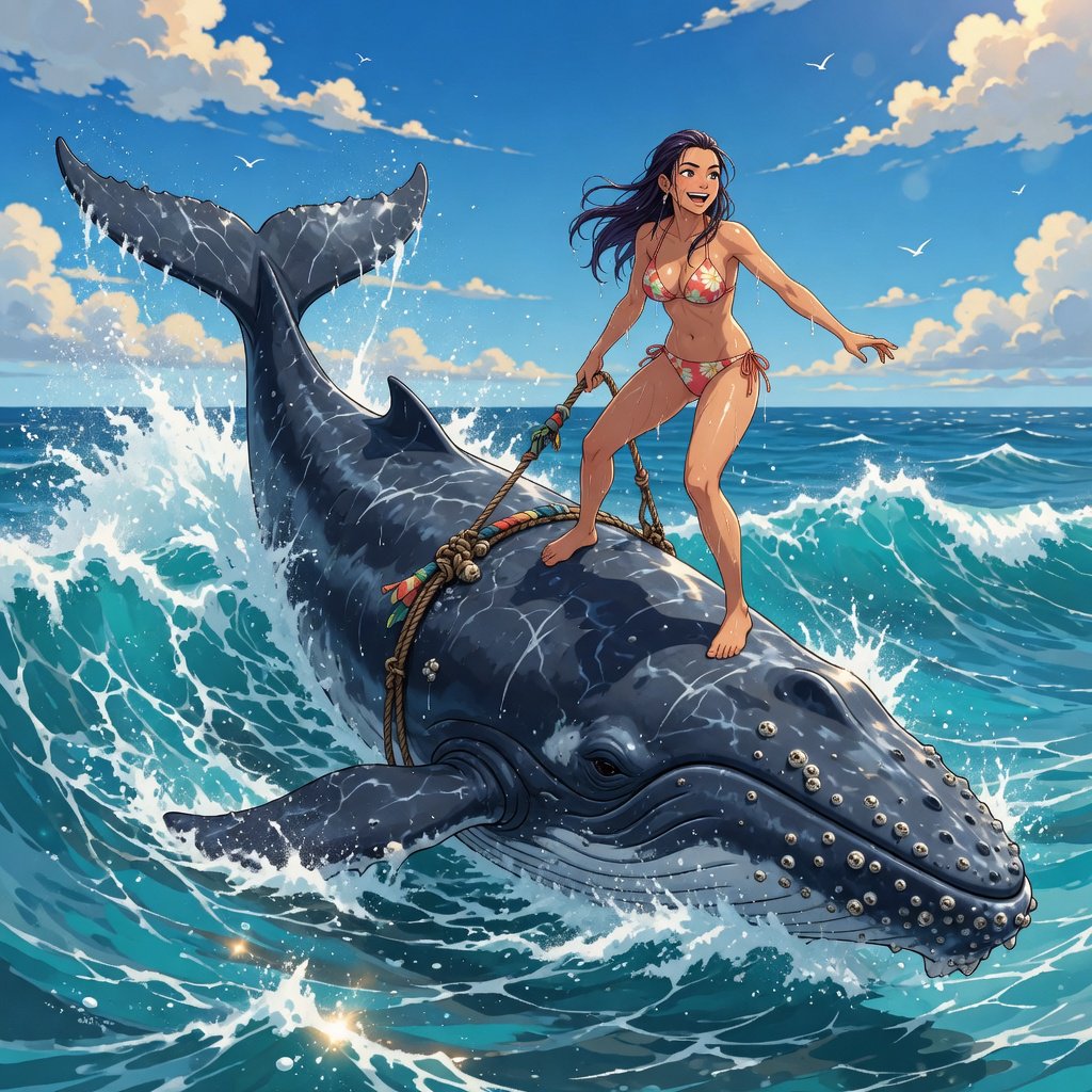 Anime-style illustration of an adult young woman confidently balancing on the broad back of a massive humpback whale as it swims across the open ocean. She wears a stylish two-piece bikini appropriate for a sunny tropical setting, with wet hair and subtle water droplets catching the light. One hand grips a sturdy tether secured near the whale's dorsal area, using it to maintain her balance as the whale moves through the waves, while her other arm extends naturally for stability. The whale is enormous and majestic, its dark blue-gray skin covered in realistic texture, scars, and subtle highlights. Its powerful body breaks partially above the rolling ocean surface, creating a sweeping trail of white foam and spray behind it. The woman looks exhilarated and joyful, her expression conveying adventure and freedom rather than fear. Vast open sea stretches toward the horizon beneath a brilliant blue sky with scattered white clouds. Sunlight sparkles across the water — Grok Imagine Image Quality