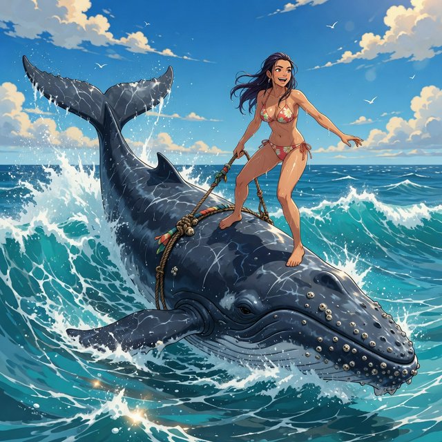 Anime-style illustration of an adult young woman confidently balancing on the broad back of a massive humpback whale as it swims across the open ocean. She wears a stylish two-piece bikini appropriate for a sunny tropical setting, with wet hair and subtle water droplets catching the light. One hand grips a sturdy tether secured near the whale's dorsal area, using it to maintain her balance as the whale moves through the waves, while her other arm extends naturally for stability. The whale is enormous and majestic, its dark blue-gray skin covered in realistic texture, scars, and subtle highlights. Its powerful body breaks partially above the rolling ocean surface, creating a sweeping trail of white foam and spray behind it. The woman looks exhilarated and joyful, her expression conveying adventure and freedom rather than fear. Vast open sea stretches toward the horizon beneath a brilliant blue sky with scattered white clouds. Sunlight sparkles across the water — Grok Imagine Image Quality