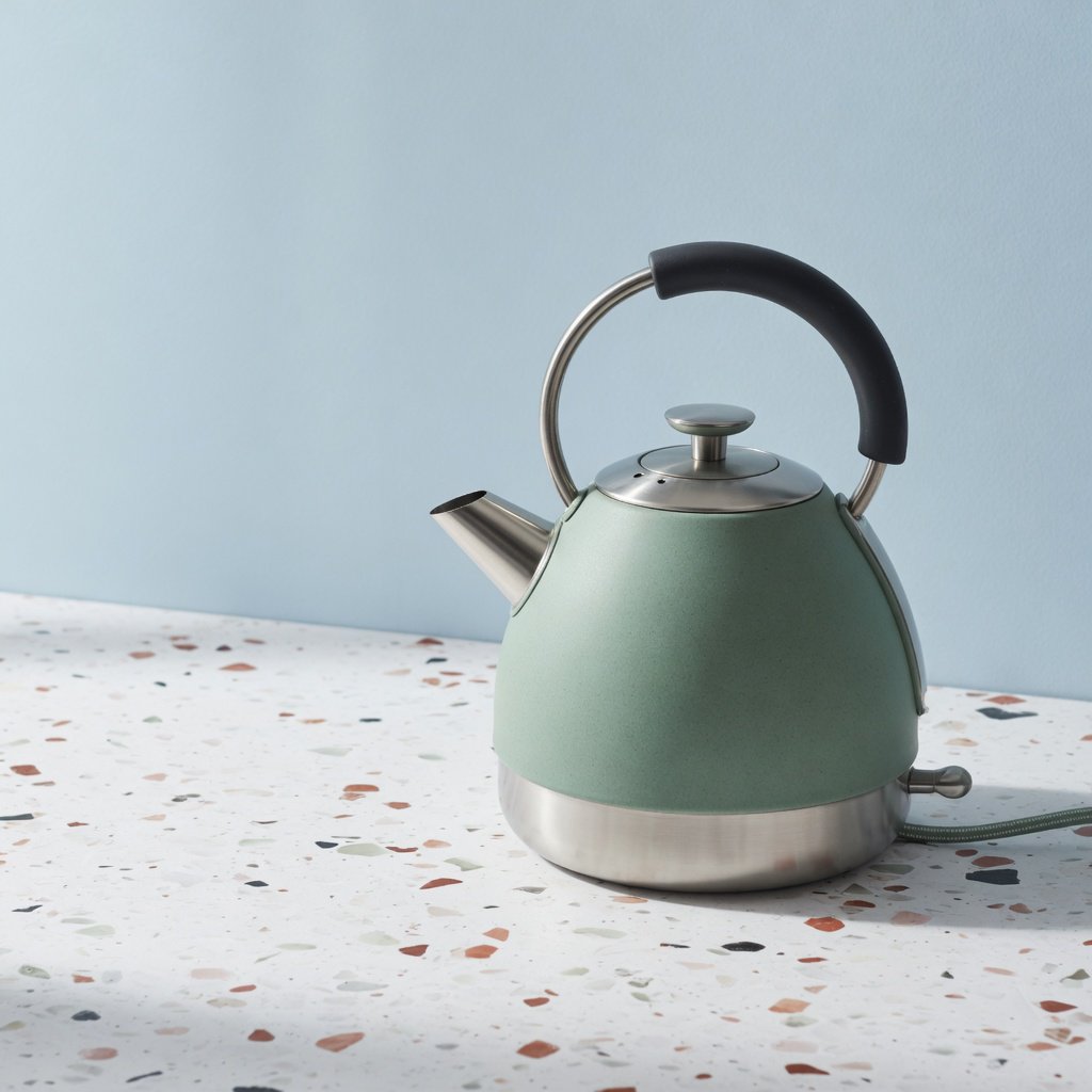 Commercial product photograph of an unbranded electric kettle made from matte sage ceramic and brushed stainless steel, resting on a white terrazzo surface against a pale blue background, with soft window light from the left and a delicate grounding shadow. — Grok Imagine Image Quality