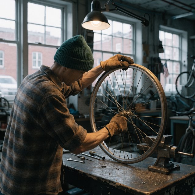 Candid documentary photograph of an adult bicycle mechanic tightening a wheel in a modest repair shop, cool window light mixing with a warm work lamp, 35mm lens with moderate depth of field, fine metal filings caught on the workbench. — Recraft v4