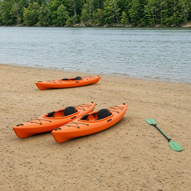 Exactly three orange kayaks rest on a sandy shore: two side by side in the foreground and one behind them near the water. A green paddle lies to the right of the kayaks, nothing else. — Grok Imagine Image 2
