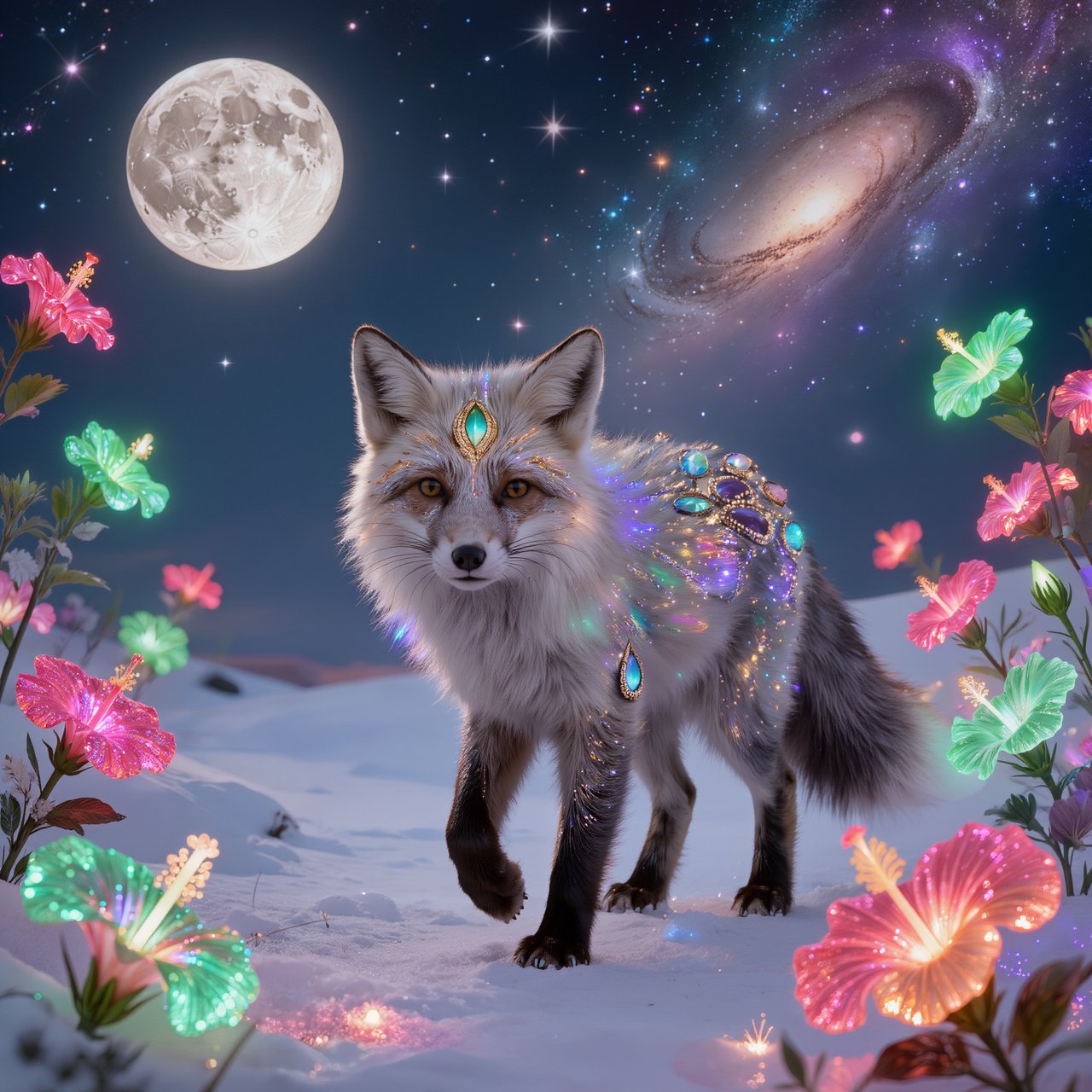 A fantasy still photography image of a majestic silver and gold fox, its fur coat features a breathtaking fiber-optic rainbow-glitter that shimmers with dense prismatic sparkles shifting vibrantly under the ethereal moonlight, the fox features deep silver undertones across its thick coat and is perched proudly in a front-facing posture, its fur is intricately adorned with embedded polished peridot and shimmering onyx that catch the glowing light, it is walking in an enchanted snow filled landscape filled with multicolored bioluminescent hibiscus flowers blooming in radiant neon shades and blooming pink bioluminescent trees with glowing green blossoms, the background features a dramatic full moon and a vibrant multicolored starry sky filled with multicolored swirling galaxy, a soft ethereal glow illuminates the fox's commanding silhouette, razor-sharp focus on its piercing golden eyes, magical realism style, fantasy art. — Kling v3