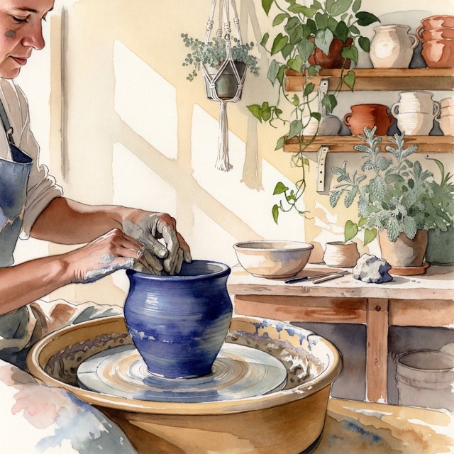 Watercolour illustration of an adult ceramicist shaping a blue-glazed vessel in a sunlit workshop, shelves of unfinished pottery and leafy plants softened by loose brushwork. Palette of terracotta, indigo, warm cream, and sage. — ImagineArt 2