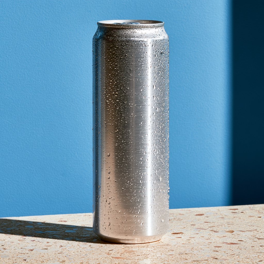 A slim, unbranded sparkling-water can of brushed aluminum, beaded with condensation, stands on a pale terrazzo surface against a seamless electric-blue background; broad overhead diffusion and a crisp side strip create clean highlights, with no lettering or graphics. — Midjourney V8.2