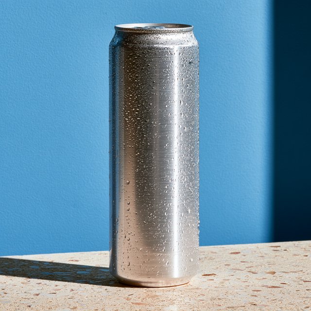 A slim, unbranded sparkling-water can of brushed aluminum, beaded with condensation, stands on a pale terrazzo surface against a seamless electric-blue background; broad overhead diffusion and a crisp side strip create clean highlights, with no lettering or graphics. — Midjourney V8.2
