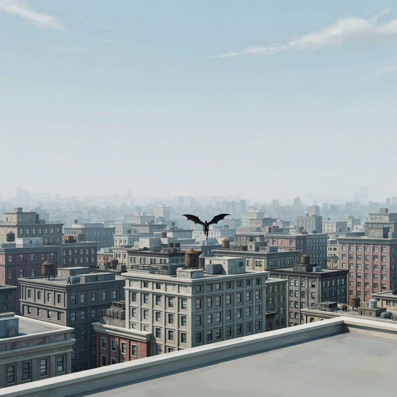 Clean cel-shaded painted cityscape, wide high-angle elevated rooftop level shot looking out over dense modern downtown office buildings, small dark winged figure hovering above central midground rooftops, pale overcast deep blue sky with wispy white clouds, diffused even daylight lighting with soft subtle ambient shadows, muted cool grey, beige, blue building facades with uniform office windows, flat concrete building rooftops, receding hazy distant city skyline with atmospheric perspective, eye level relative to building tops, no outlines, smooth flat color rendering, no grain. — Ideogram v4