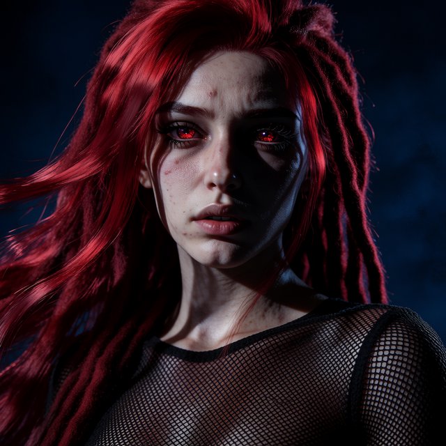 Fishnet grimdark fantasy. A suitable-for-TV-PG adult underworld agent with long crimson-red dreadlocked hair with flowing locks, ruby-red crystalline eyes, real skin pores, photographic rendering, and real material textures. No text. — Krea 2 Medium