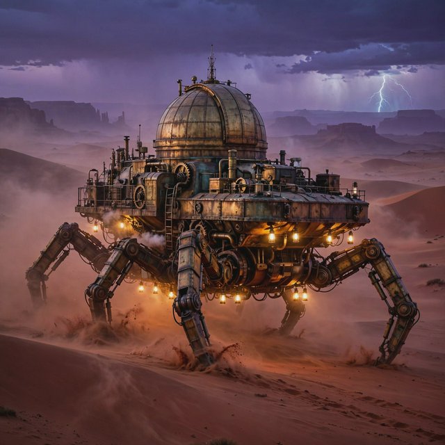 A colossal brass desert crawler carries an observatory dome across red dunes, its articulated legs striding through a sandstorm. Warm lamps glow beneath the hull while distant mesas fade into violet dusk and lightning illuminates the horizon. — Muse Image 1.0
