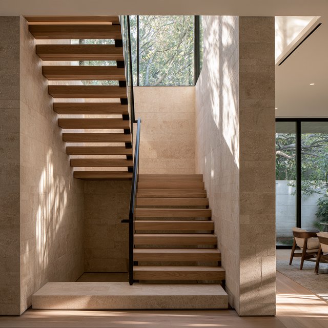 Beneath a pale limestone stairwell, a restrained mid-century modern interior frames a straight oak stair with blackened-steel stringers and limestone landings; afternoon clerestory light, viewed from the upper landing, reveals credible connections and aligned geometry. — Midjourney V8.2