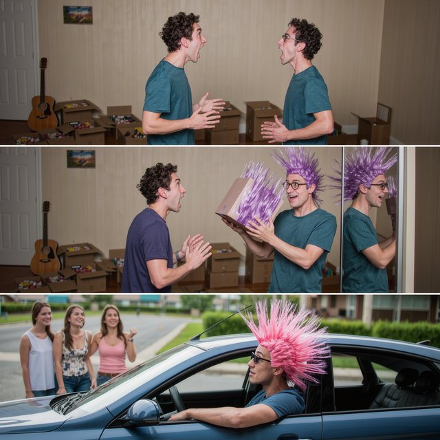 A three-row, six-panel sequence. Panel 1: A short-haired, nerdy man is talking to his friend Babu, another nerd with curly hair and round-frame glasses. They are both 20. Babu's room has a guitar and boxes full of things. Panel 2: Babu is exclaiming to his friend, saying something! Middle row, panel 3: Babu brings a spiky Mohican wig, pink to purple in color, out of one of his boxes. But it is oddly big. Panel 4: Babu stands in front of a wall mirror wearing the spiky wig—it is oddly very big! He looks concerned. Bottom row, panel 5: Babu's nerdy friend exclaims something to him, as if he has had an idea. Bottom row, panel 6: Babu is in a right-hand-drive sedan with a sunroof. Half of the spiky hair on his wig sticks out through the sunroof. The car is parked in front of a neighborhood hangout. Babu is looking out of the window, with one hand out of it. He wears sunglasses, trying to look cool. Several pretty adult women his age are giggling at him. — Kling v3 Omni