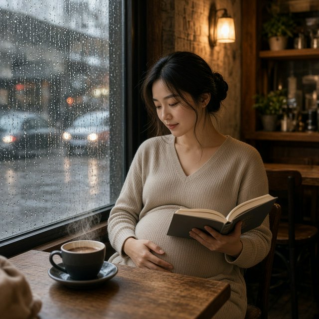 Photorealistic cinematic scene of a pregnant Chinese woman sitting in a cozy café by the window, reading a book. She appears calm, gentle, and thoughtful, with one hand resting naturally near her belly. On the table beside her is a cup of coffee, softly steaming. Outside the large window, heavy rain pours down, with streaks of water on the glass and a blurred rainy street beyond. The café interior is warm and inviting, with soft ambient lighting, wooden textures, and a peaceful atmosphere that contrasts with the storm outside. The composition should feel intimate, emotional, and serene, with the woman as the clear focal point. — Grok Imagine Image 2