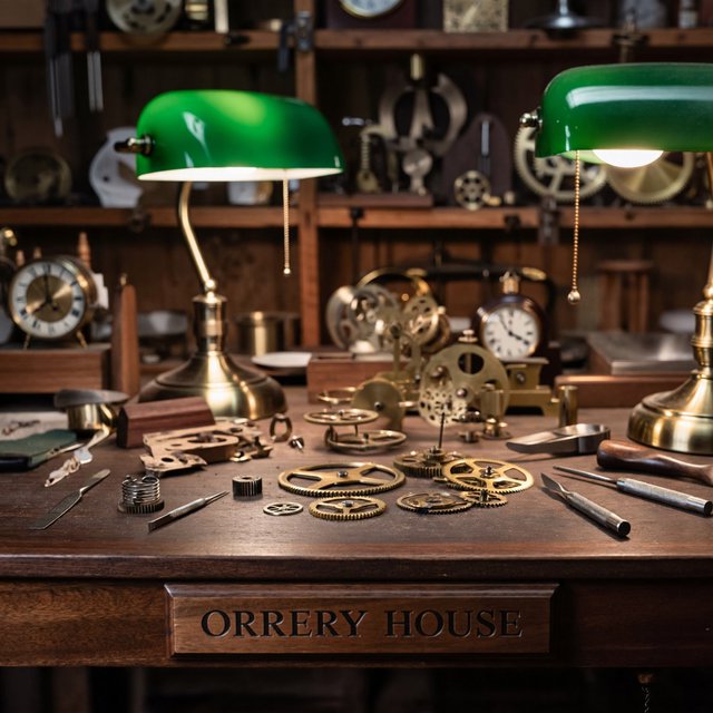 Inside a quiet clockmaker’s workshop, brass gears and tiny tools gleam beneath green-shaded lamps; "ORRERY HOUSE" is engraved in crisp serif letters on a dark walnut sign above the repair counter. — ImagineArt 2