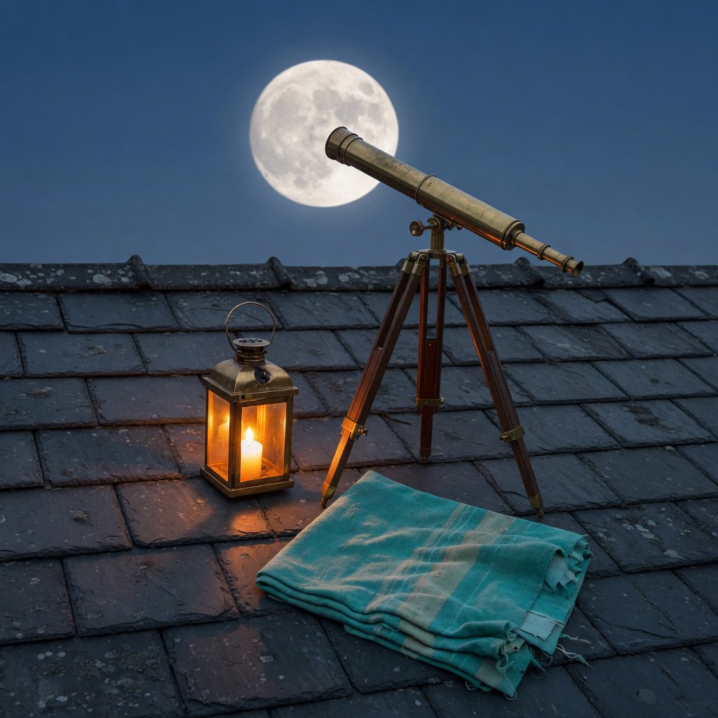 On a slate rooftop, exactly one brass telescope points east; one amber lantern sits to its left, one folded teal blanket lies beneath the tripod, and one pale moon hangs behind it in the clear sky, nothing else. — Grok Imagine Image Quality