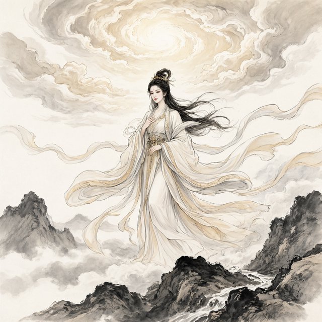 Heaven above, earth below. Ink-painting studio. Chinese painting style. Alluring. Peerless adult beauty. Radiant. — Qwen Image 3.0 Pro