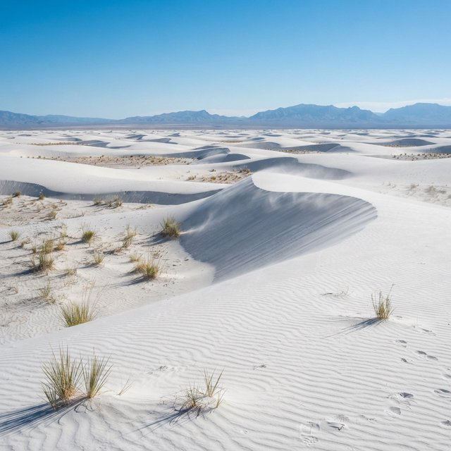A pale gypsum dune field beneath a wind-brushed, cloudless midday sky, fine sand streaming over steep ridges; delicate ripple patterns and scattered salt-tolerant grasses sharpen the foreground as dunes soften toward a distant basin. — Nano Banana 2 Lite