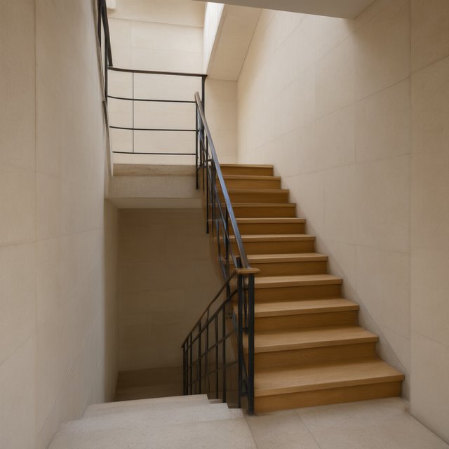 Beneath a pale limestone stairwell, a restrained mid-century modern interior frames a straight oak stair with blackened-steel stringers and limestone landings; afternoon clerestory light, viewed from the upper landing, reveals credible connections and aligned geometry. — Qwen Image 3.0