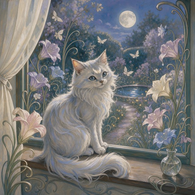 A whimsical cat with fur like spun moonlight sits on a windowsill overlooking a dreamlike garden. The garden is filled with oversized, fantastical flowers rendered in a soft, painterly style, with elements of Art Nouveau curves in the plant designs. The overall mood is serene and enchanting. — Model 1